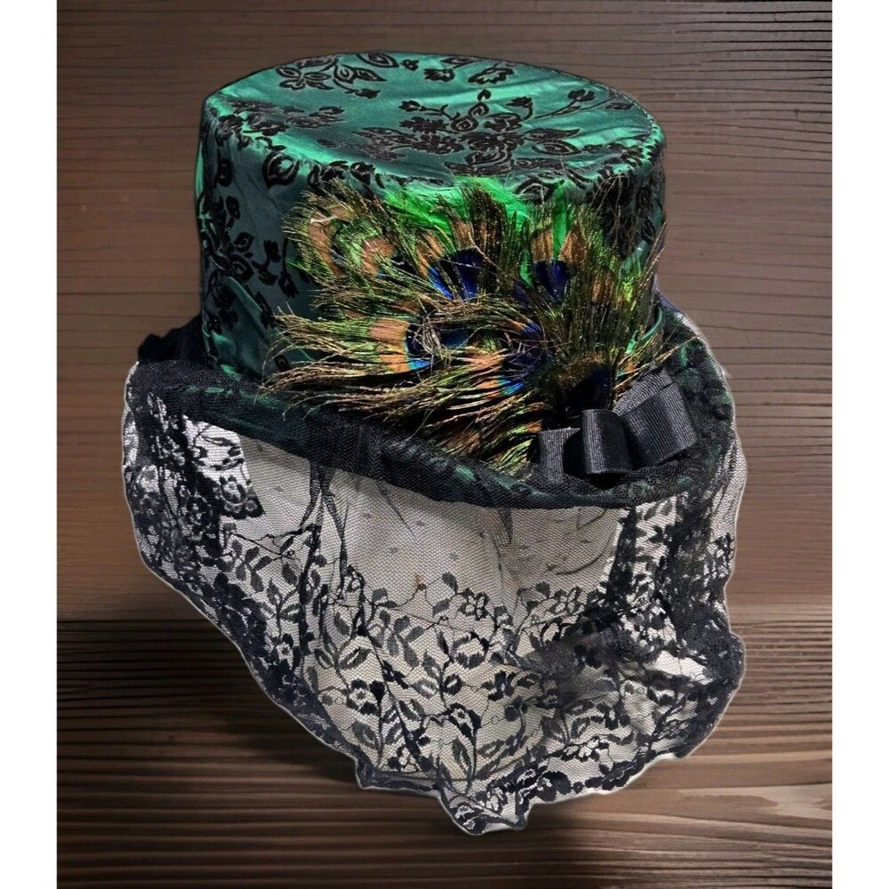 Vintage 90s Mini Top Hat Gothic Neo Victorian Handmade Flocked Lace Veil Peacock